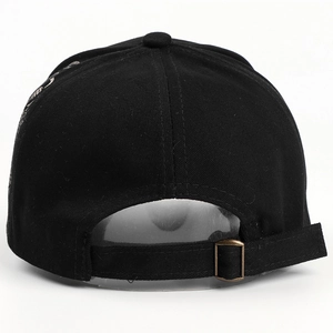 Back view of black cotton baseball cap with adjustable metal buckle and dragon embroidery