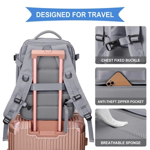 Detailed travel backpack features including chest buckle, anti-theft pocket and breathable sponge