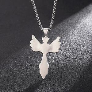 Polished silver stainless steel angel wing cross pendant necklace for men stylish jewelry
