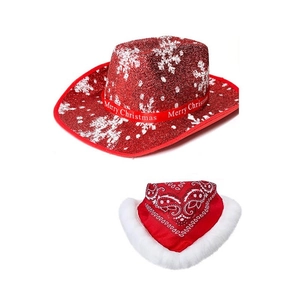 Red Christmas cowboy hat with sequins and white fur trim paired with a matching scarf