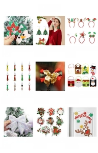 Collage of Christmas accessories including reindeer headbands bows and felt gift bags