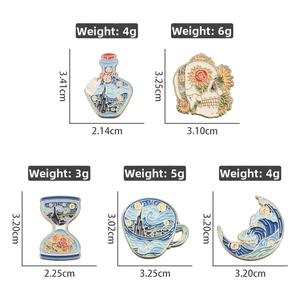 Detailed view of artistic enamel pins set featuring classic oil painting themes and sizes