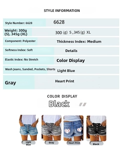 Tabella taglie di pantaloncini di denim con dettagli sfrangiati e quattro colori