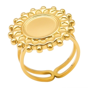 Detail of adjustable gold stainless steel ring with a round sunburst geometric face