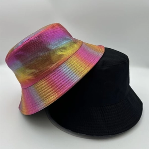 Iridescent laser fabric and classic black bucket hats for stylish sun protection outdoor