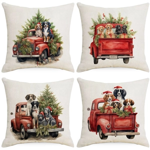Housse De Coussin De Noël Lin Taie D'Oreiller Décorative Vieux Camion Rouge Imprimé Chien Décor De Vacances