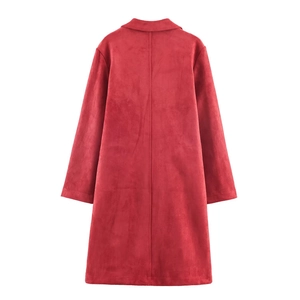 Detail view of the back of a deep red faux suede midi coat with center seam and collar