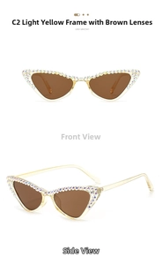 Detail view of cat eye sunglasses with yellow frames and rainbow crystal embellishments