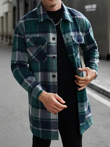 Detail view of plaid shirt jacket featuring classic check pattern and double chest pockets