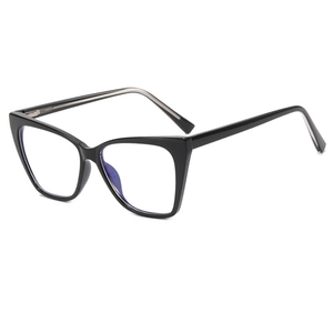 Fashionable black cat-eye TR90 glasses frame with anti-blue light lenses in a 3/4 side view