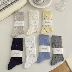 Lot de chaussettes montantes à bords ondulés et motif à pois pour femme en maille côtelée