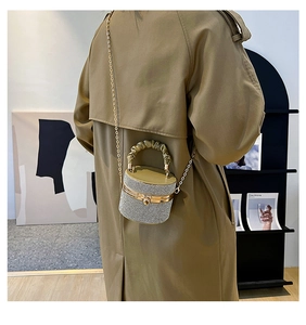 Silver rhinestone cylinder bag with gold chain strap shown on a model's back profile