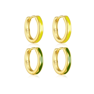 S925 sterling silver gold hoop earrings with yellow and green enamel wave patterns