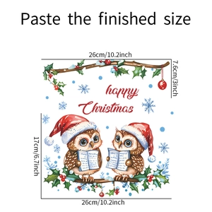 Detailed dimension guide for Christmas owl wall decals with branch and berry motifs
