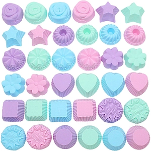 Set of 36 macaron-colored silicone baking molds in flower, heart, and star shapes