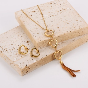 Stainless Steel Jewelry Set For Women Gold Plated Hollow Heart Necklace Earrings Rhinestone Embellished Heart Tassel Set