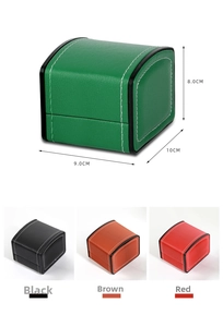 Detail view of multi-color PU leather watch boxes showing dimensions and stitching