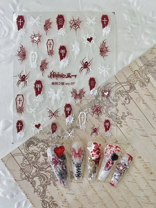 Gothic nail stickers detail with red coffins, white spider webs and skull skeleton art