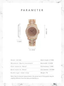 Detailed dimension chart showing case size and thickness of this iced out quartz watch
