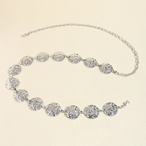 Silver hammered metal chain belt with adjustable round discs for dresses and beachwear