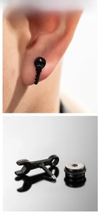 Macro detail of black stainless steel wrench stud earring with ear wearing demonstration