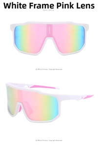 Vue de face et à 45 degrés de lunettes de soleil de sport à monture blanche et verres arc-en-ciel