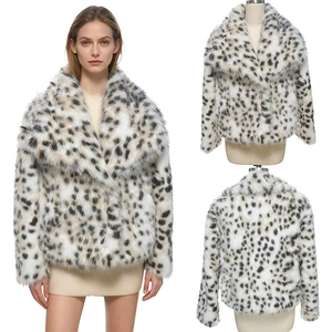 Women's faux fur leopard print jacket with large lapel and cozy thick winter texture