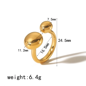 Polished 18K gold plated stainless steel open ring with dual sphere ends and size details