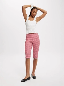 Women Plaid Cropped Capri Pants Slim Fit High Waist Stretch Trousers With Lace Trim Hem Casual Streetwear Street Style