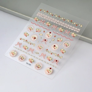 Detailed 3D floral nail art stickers with embossed strawberries and crystal accents