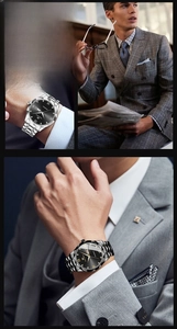 Detail view of business quartz watch with calendar display and steel rivet strap
