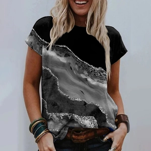 Damen Kurzarm T-Shirt mit grauem Marmordruck und silbernen Glitzerlinien Rundhalsausschnitt
