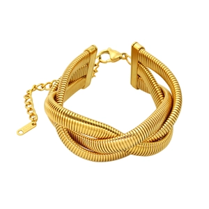 Detail of 18K gold-plated triple woven snake chain bracelet with adjustable lobster clasp