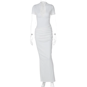Detail shot of white short sleeve deep V-neck maxi dress with ruched fabric design