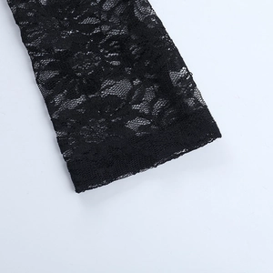 Close-up of intricate black lace floral embroidery and sheer crochet texture on the sleeve