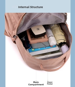 Internal structure of pink nylon backpack showing main compartment and zipped pockets