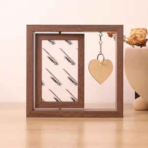 Rotating Double Sided Wooden Photo Frame Heart Pendant Desktop Decorative Picture Holder Home Office Gift Natural Wood