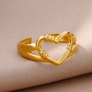 Detailed close-up of 18k gold plated stainless steel heart ring with textured spiral edges
