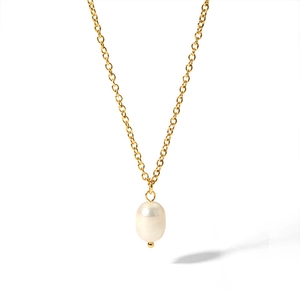 Minimalist 18K gold necklace featuring a polished natural white freshwater pearl pendant