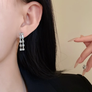 Macro side view of silver tassel earrings with double-row crystals on model