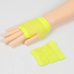 Detailed view of neon yellow fingerless fishnet gloves in high-stretch mesh fabric