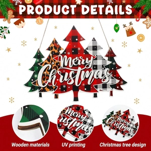 Wooden Merry Christmas door sign with multi-patterned trees and UV printing decor