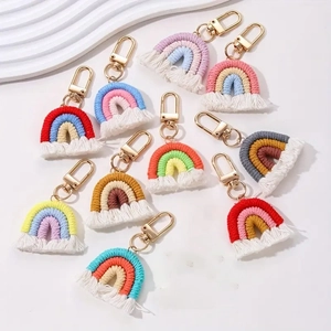 Handmade woven rainbow keychains with cotton tassels and gold lobster clasps set