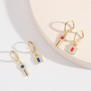 Lock And Key Asymmetric Earrings Brass With Cubic Zirconia Rhinestone Hip Hop Trendy Minimalist Luxury Jewelry For Women
