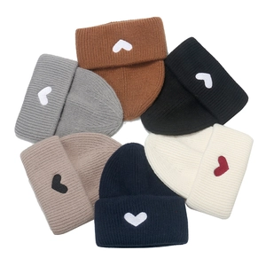 Heart Embroidery Ribbed Knit Beanie Winter Autumn Warm Soft Acrylic Cuffed Skull Cap For Women