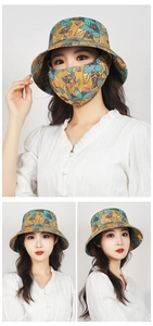Close-up of ginger floral sun hat with ear-loop face mask for full outdoor protection