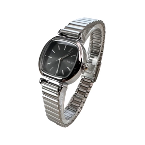 Square silver watch for women featuring a black dial and flexible metal expansion band