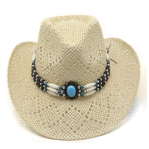 Close-up of beige straw cowboy hat featuring a turquoise gemstone and beaded ethnic band