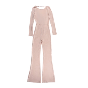 Detailed flat lay of a slim fit long sleeve jumpsuit with trendy flared leg design