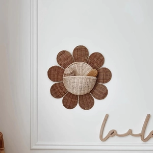 Handcrafted Nordic rattan wall storage basket in flower shape with minimalist design